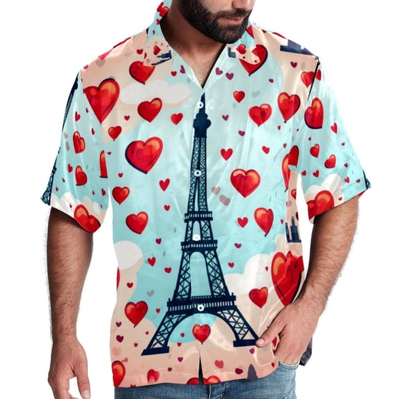 Eiffel Tower Valentine's Day Men's Short Sleeve Casual Printed Button Down Beach Shirt - Summer Hawaiian Top