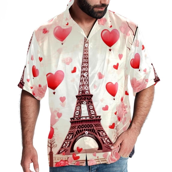 Eiffel Tower Valentine's Day Men's Short Sleeve Hawaiian Beach Poplin Shirt Casual Printed Button Down Summer Unisex Shirt