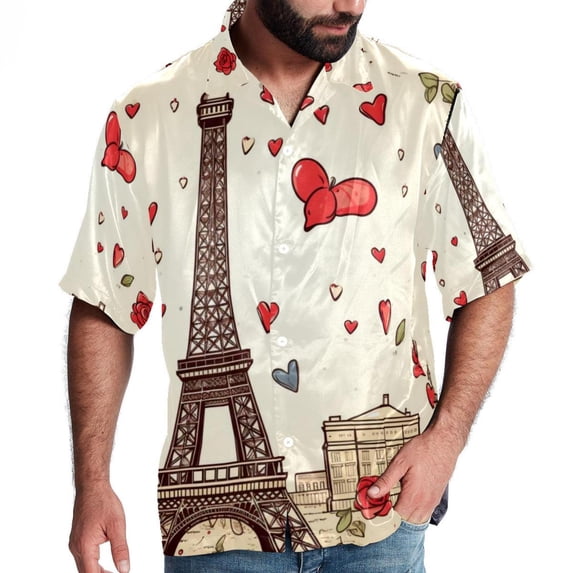 Eiffel Tower Valentine's Day Men's Short Sleeve Hawaiian Shirt, Casual Printed Button Down Beach Tops for Summer, Spread Collar Mens Shirts Unisex