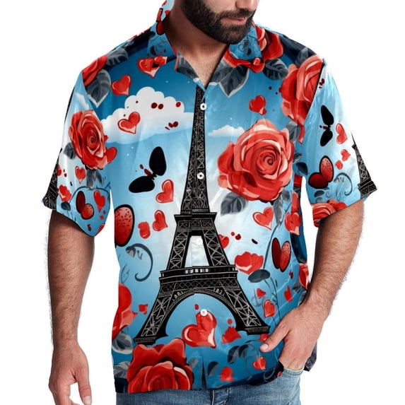 Eiffel Tower Valentine's Day Men's Short Sleeve Hawaiian Shirt, Poplin Casual Printed Button Down, Summer Beach Unisex Shirts