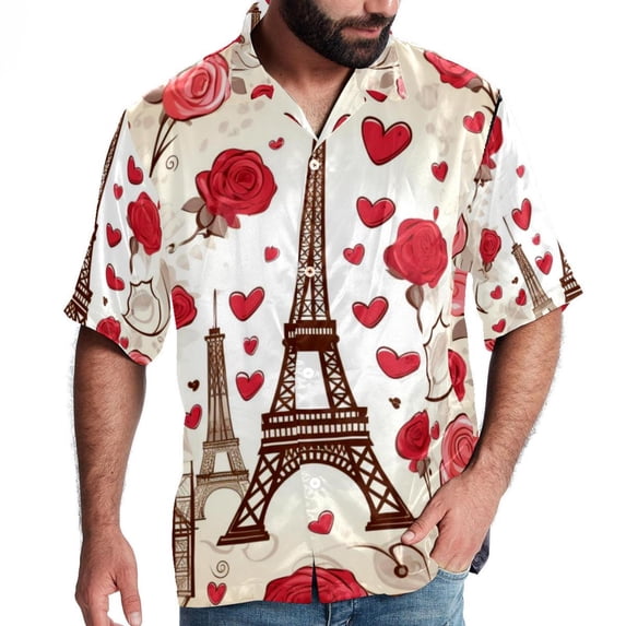 Eiffel Tower Valentine's Day Men's Short Sleeve Poplin Beach Shirts, Casual Printed Button Down Summer Hawaiian Shirt - Unisex