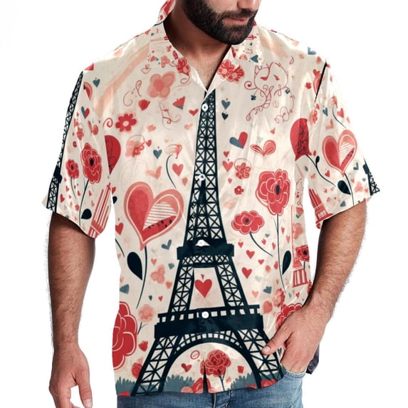 Eiffel Tower Valentine's Day Men's Short Sleeve Poplin Shirt, Casual Button Down Shirts, Printed Summer Beach Shirt, Unisex Casual Button Down Top