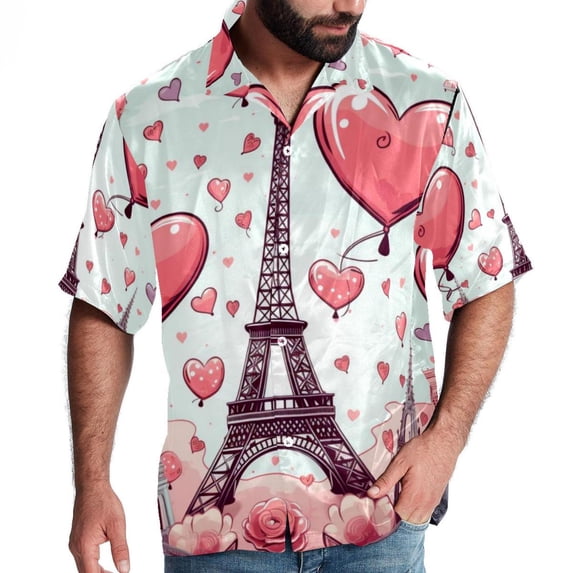 Eiffel Tower Valentine's Day Men's Short Sleeve Poplin Shirt, Casual Button Down Shirts, Printed Summer Beach Shirt, Unisex Casual Button Down Top