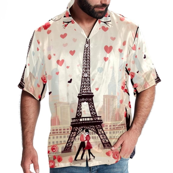 Eiffel Tower Valentine's Day Men's Short Sleeve Printed Button Down Beach, Casual, Poplin Shirts for Summer Vacation