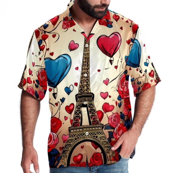 Eiffel Tower Valentine's Day Men's Short Sleeve Printed Button Down Beach, Casual, Poplin Shirts for Summer Vacation