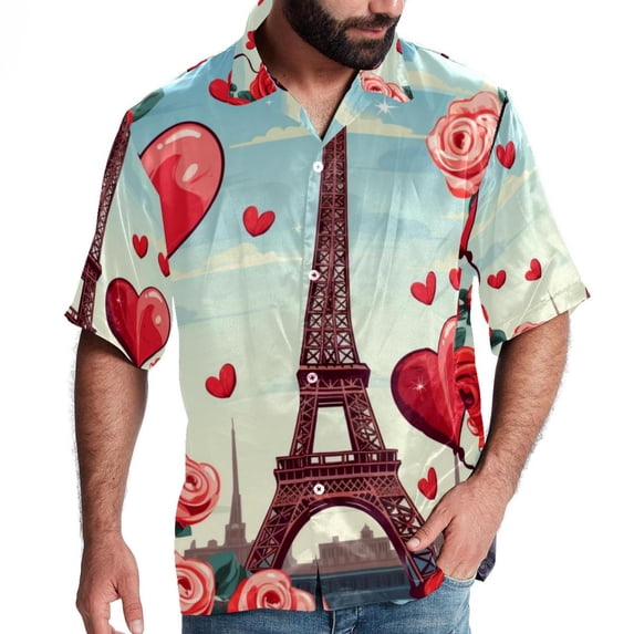 Eiffel Tower Valentine's Day Men's Short Sleeve Spread Collar Beach Shirts Casual Printed Button Down Unisex Summer Tops