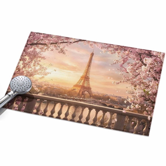 Eiffel Tower Washable Area Rug 2 x 3 ft Sunset Pink Cherry Blossom Trees, Soft Non Slip Rugs Stain Repellent Indoor Felt Carpet for Living Dining Room Bedroom Home Office