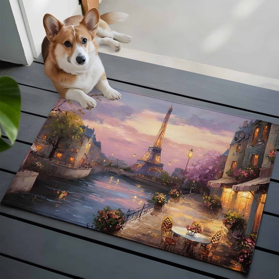 Eiffel Tower Washable Entry Rug 2x3 Modern Purple Sunset Bridge River Night View Low Pile Indoor Door Mat with Rubber Backing Thin Area Rug for for Entrance, Bedroom, Kitchen, Laundry, Bathroom