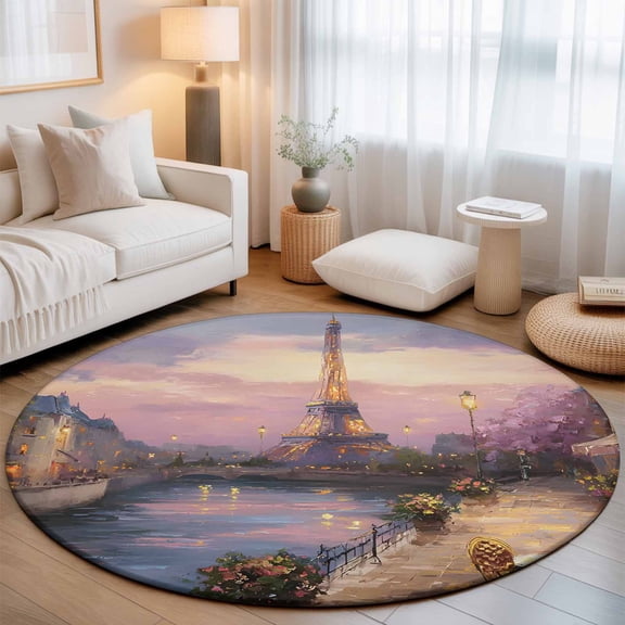 Eiffel Tower Washable Round Area Rug 3 ft, Modern Purple Sunset Bridge River Night View, Soft Non Slip Rugs Stain Repellent Indoor Felt Carpet for Living Dining Room Bedroom Home Office
