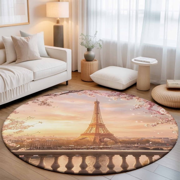 Eiffel Tower Washable Round Area Rug 3 ft, Sunset Pink Cherry Blossom Trees, Soft Non Slip Rugs Stain Repellent Indoor Felt Carpet for Living Dining Room Bedroom Home Office