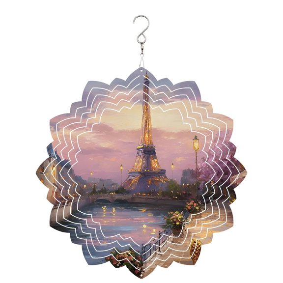 Eiffel Tower Wind Spinner for Garden Yard 8In, Modern Purple Sunset Bridge River Night View 3D Stainless Steel Kinetic Hanging Wind Spinners Rustproof Outdoor Decor for Lawn Patio Home