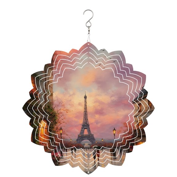 Eiffel Tower Wind Spinner for Garden Yard 8In, Purple Sunset Country Oil Painting Street View 3D Stainless Steel Kinetic Hanging Wind Spinners Rustproof Outdoor Decor for Lawn Patio Home
