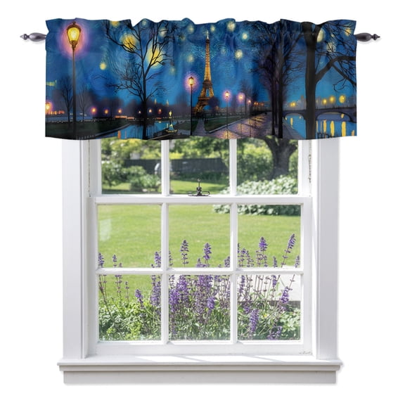 Eiffel Tower Window Valance for Kitchen, Park Path Impressionist Abstract Rod Pocket Short Curtains for Bathroom Bedroom Small Window, Light Filtering Decorative Valances, 42 x 18 Inches