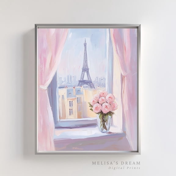 Eiffel Tower Window View Print Blush Pink Roses Paris Decor, Unframed Paper Poster 8x10in