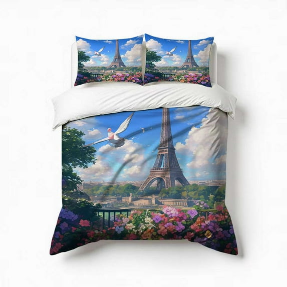 Eiffel Tower With Flower Bedding Set 3 Pcs Soft Microfiber Quilt Cover For Bedroom Decor, Comforter Cover With 2 Pillowcase