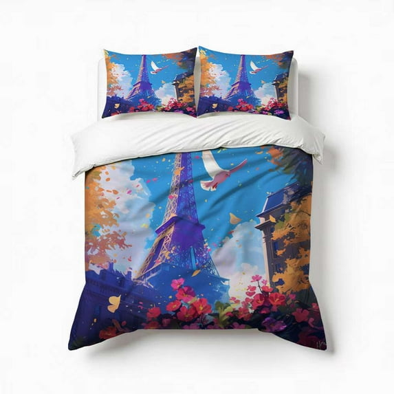 Eiffel Tower With Flower Bedding Set 3 Pcs Soft Microfiber Quilt Cover For Bedroom Decor, Comforter Cover With 2 Pillowcase