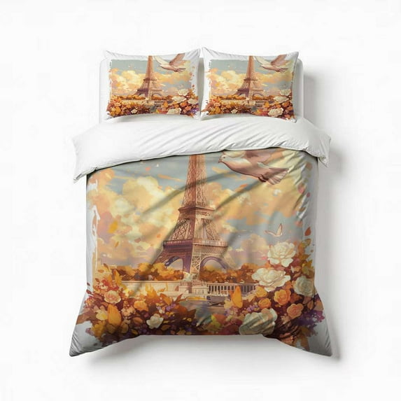 Eiffel Tower With Flower Bedding Set 3 Pcs Soft Microfiber Quilt Cover For Bedroom Decor, Comforter Cover With 2 Pillowcase