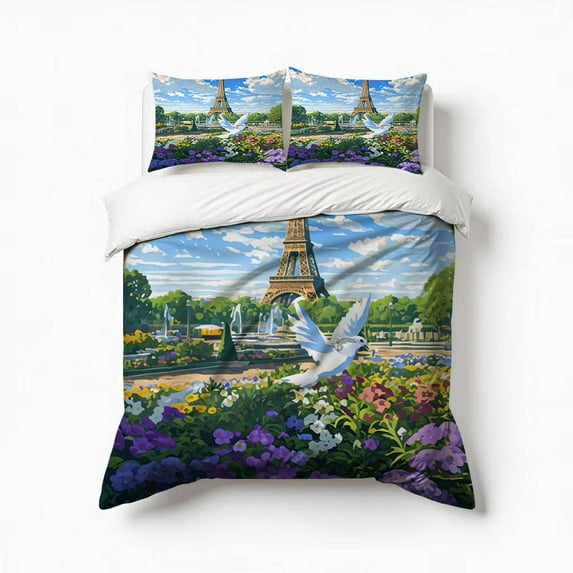 Eiffel Tower With Flower Bedding Set 3 Pcs Soft Microfiber Quilt Cover For Bedroom Decor, Comforter Cover With 2 Pillowcase