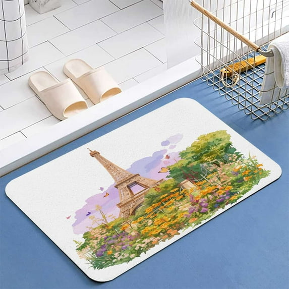 Eiffel Tower With Flower Diatomite Bath Mats Bathroom Absorbent Anti Slip Floor Mat Foot Carpet Quick Dry Shower Toilet Rug Doormat Washable