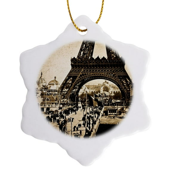 3drose, Eiffel Tower with the Champ De Mars in the Distance Paris Exposition, 3 inch Snowflake Porcelain Ornament