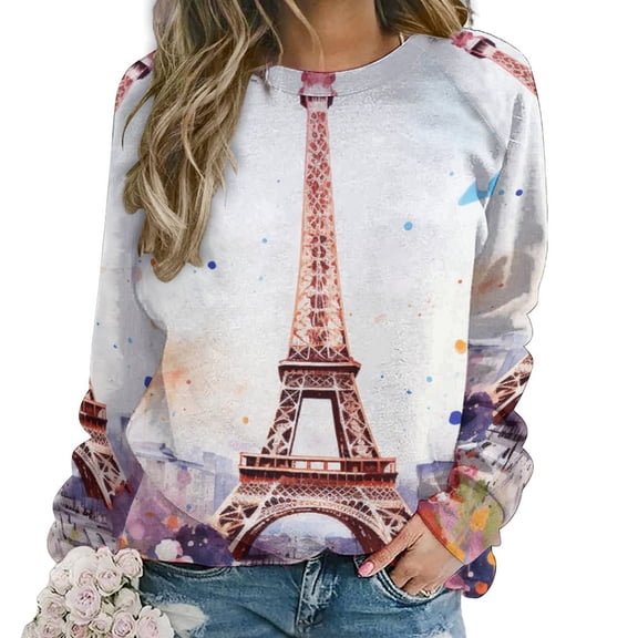 Eiffel Tower Women's Floral Printed Sweatshirt Long Sleeve Crewneck Casual Loose Vintage Graphic Pullover Tops