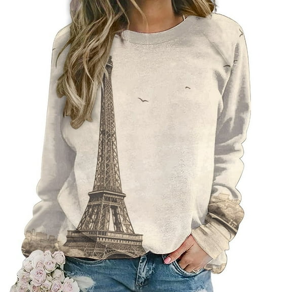 Eiffel Tower Women's Floral Printed Sweatshirt Long Sleeve Crewneck Casual Loose Vintage Graphic Pullover Tops