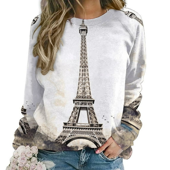 Eiffel Tower Women's Floral Printed Sweatshirt Long Sleeve Crewneck Casual Loose Vintage Graphic Pullover Tops