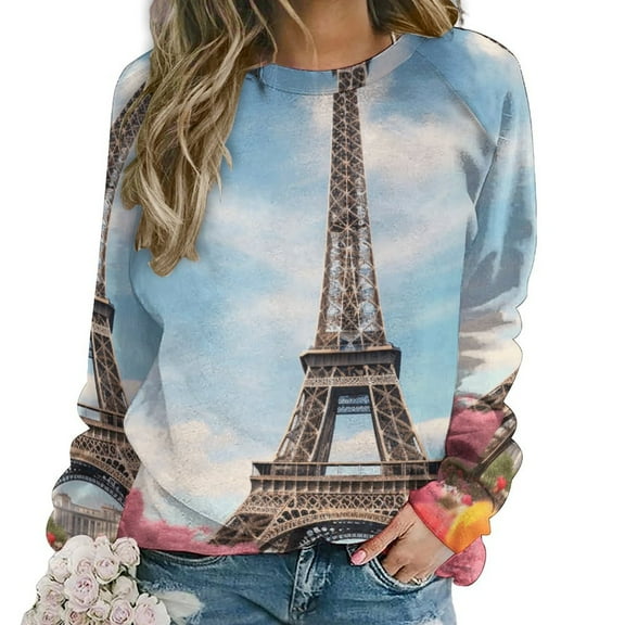 Eiffel Tower Women's Floral Printed Sweatshirt Long Sleeve Crewneck Casual Loose Vintage Graphic Pullover Tops