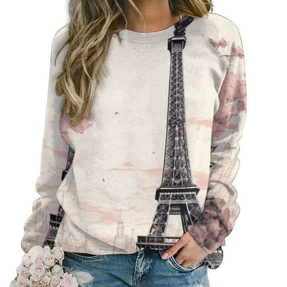 Eiffel Tower Women's Floral Printed Sweatshirt Long Sleeve Crewneck Casual Loose Vintage Graphic Pullover Tops