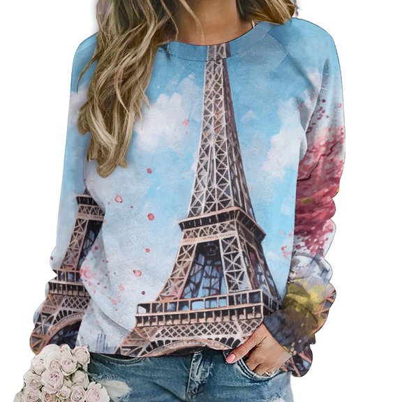 Eiffel Tower Women's Floral Printed Sweatshirt Long Sleeve Crewneck Casual Loose Vintage Graphic Pullover Tops