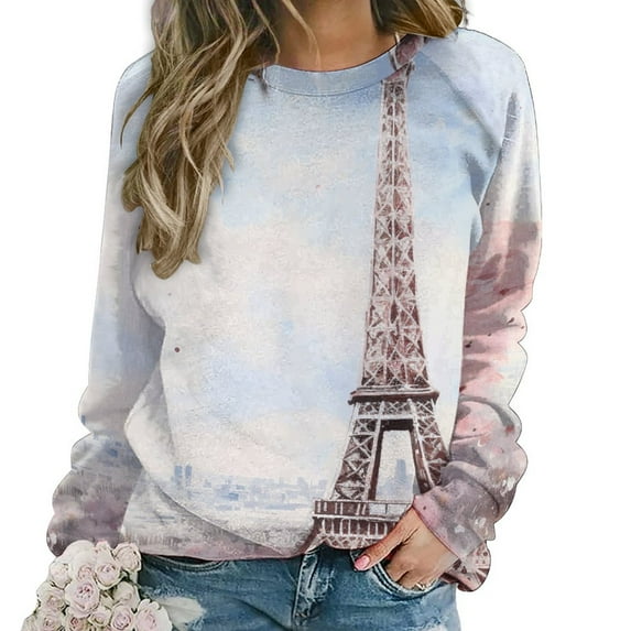 Eiffel Tower Women's Floral Printed Sweatshirt Long Sleeve Crewneck Casual Loose Vintage Graphic Pullover Tops
