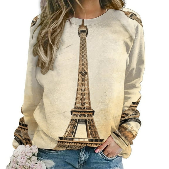 Eiffel Tower Women's Floral Printed Sweatshirt Long Sleeve Crewneck Casual Loose Vintage Graphic Pullover Tops