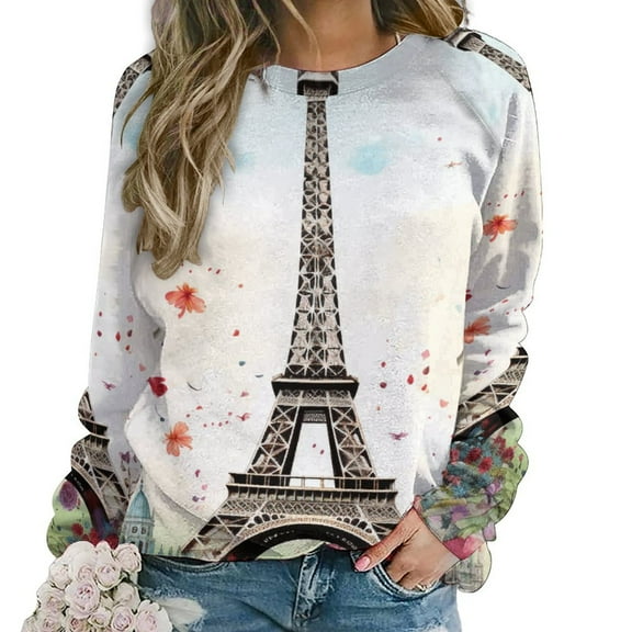 Eiffel Tower Women's Floral Printed Sweatshirt Long Sleeve Crewneck Casual Loose Vintage Graphic Pullover Tops