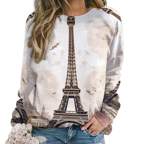 Eiffel Tower Women's Floral Printed Sweatshirt Long Sleeve Crewneck Casual Loose Vintage Graphic Pullover Tops