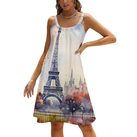Eiffel Tower Women's Summer Dresses 2025 Beach Casual Sleeveless Floral Print Tank Loose Sundress