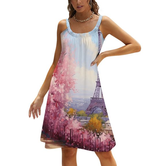 Eiffel Tower Women's Summer Dresses 2025 Beach Casual Sleeveless Floral Print Tank Loose Sundress