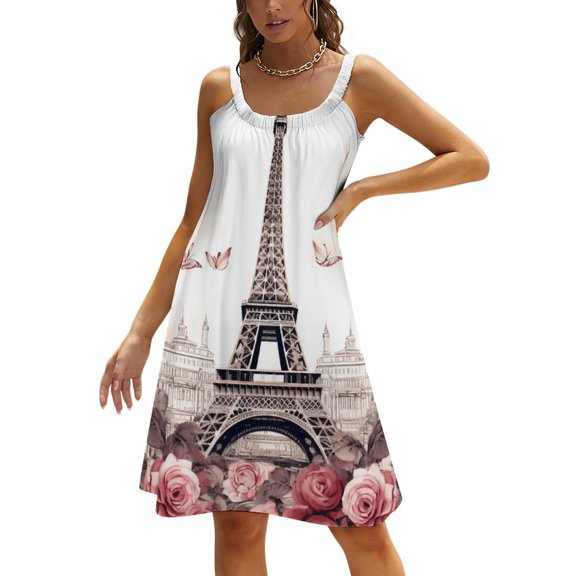 Eiffel Tower Women's Summer Dresses 2025 Beach Casual Sleeveless Floral Print Tank Loose Sundress