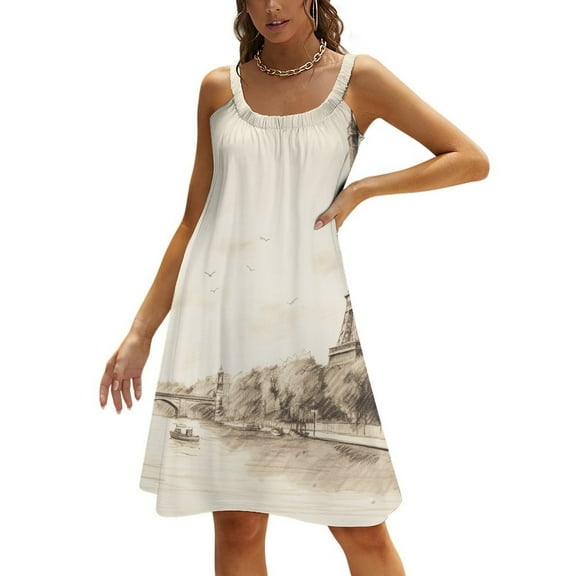 Eiffel Tower Women's Summer Dresses 2025 Beach Casual Sleeveless Floral Print Tank Loose Sundress