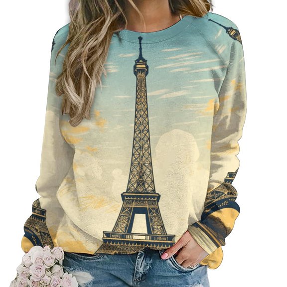Eiffel Tower Womens Casual Crewneck Sweatshirt Long Sleeve Tops Cute Pullover Loose Fit