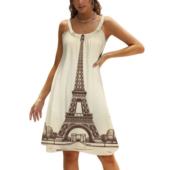 Eiffel Tower Womens Summer Dresses Casual Sleeveless Tshirt Sundresses Vacation Beach Cover Up Dress