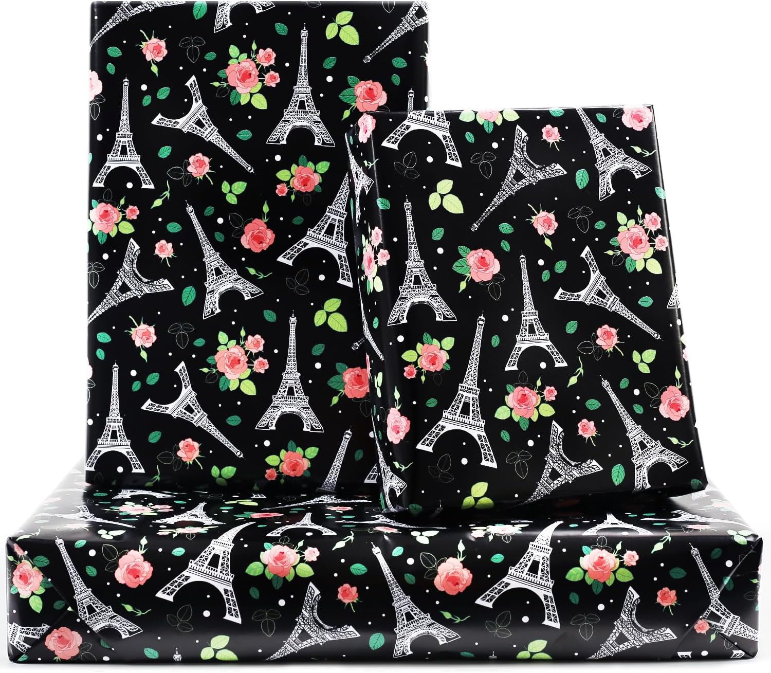 Eiffel Tower Wrapping Paper, Black Paris Eiffel Tower Flower Gift Wrapping Paper for Women Men Boys, 6 Sheets Folded Flat 20x28 inches per Sheet for Wedding, Mother's Day, Birthday Party