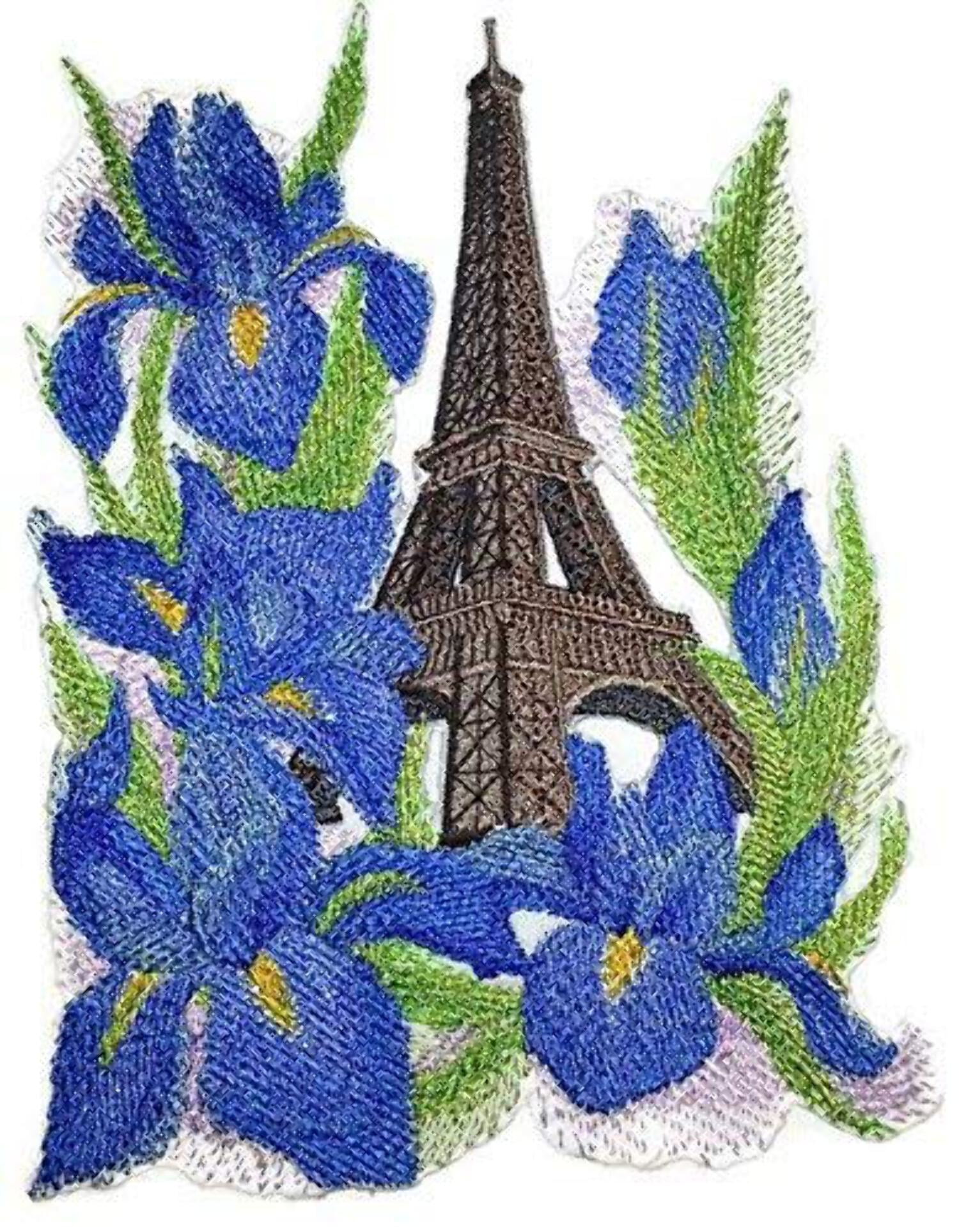 Eiffel Tower and Irises in Watercolor Embroidered Iron on Patch [6.86" X 4.86"]