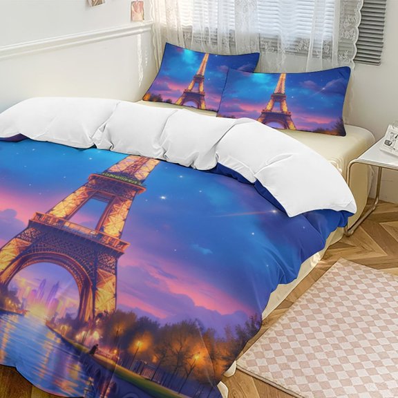 Eiffel Tower at Dusk Bedding Set Couple Bedclothes Pillowcase Customized Home Textiles Bed Set for Bedroom Decoration