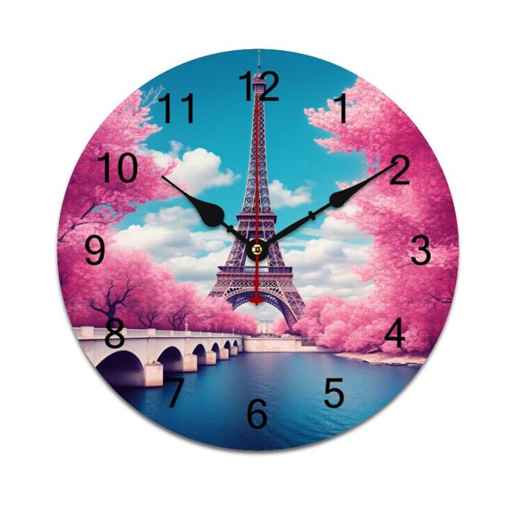 Eiffel Tower in Pink Trees-1 Time Decorative Wall Clocks Round Large Wall Watch Bedroom Home Decor 10in