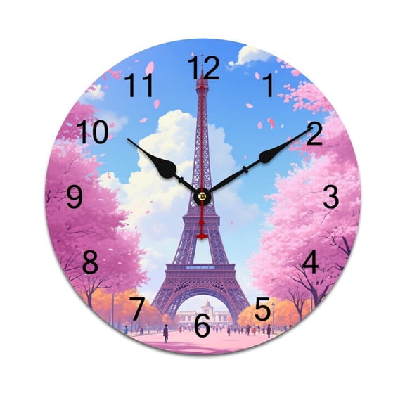 Eiffel Tower in Spring(1) (2)-1 Bedroom Wall Clock Large Modern Kitchen Dinning Round Living Room Watch Home Decor 10in