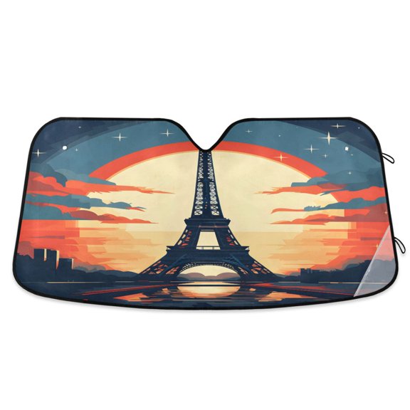 Eiffel Tower with Sunset Car Windshield Sun Shade Foldable Car Front Window Visor Heat and UV Protection 53x23.5