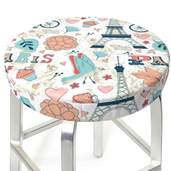 Eiffel tower Round Bar Stool Seat Covers, Elastic Round Chair Cover Stool Seat Slipcover Bar Stool Cushions Round Pad for 12-14 inch