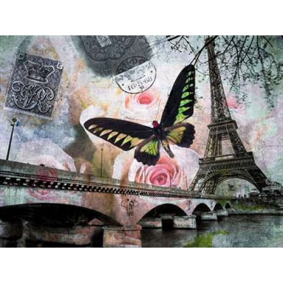 Eiffel tower with butterfly and roses overlay Poster Print by Assaf Frank (9 x 12)