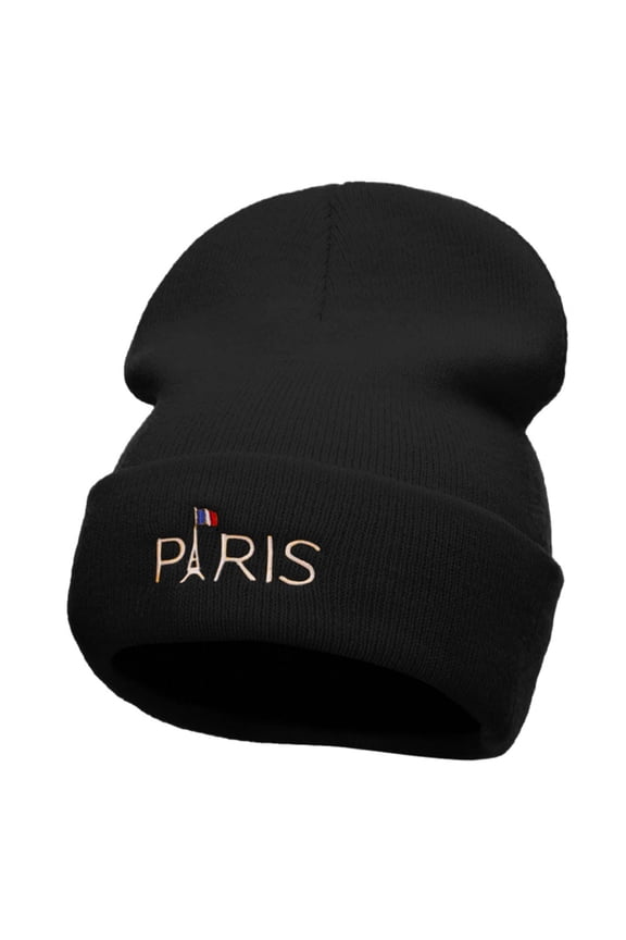 Eiffle Tower Paris Embroidered 12 Inch Long Knitted Beanie - Black OSFM