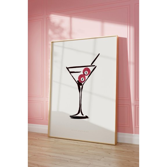 Eight Ball Martini Wall Art Print With Red Retro Bar Cart Decor